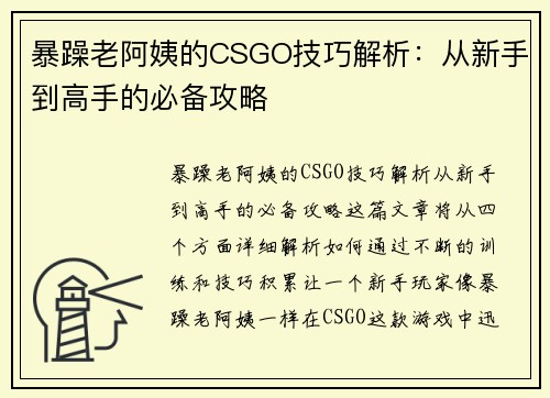 暴躁老阿姨的CSGO技巧解析：从新手到高手的必备攻略