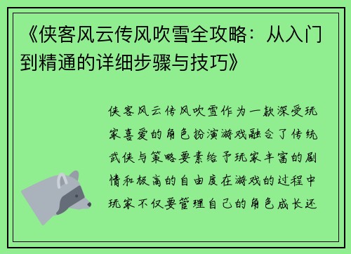 《侠客风云传风吹雪全攻略：从入门到精通的详细步骤与技巧》
